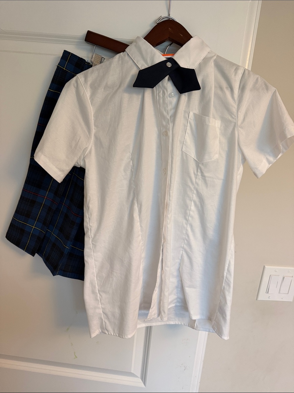 French Toast Schoolgirl Costume Short-Sleeve Button-Down Blouse w/ Navy Bow